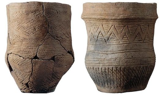 Fineware beakers excavated from the Trumpington Meadows double beaker burial.