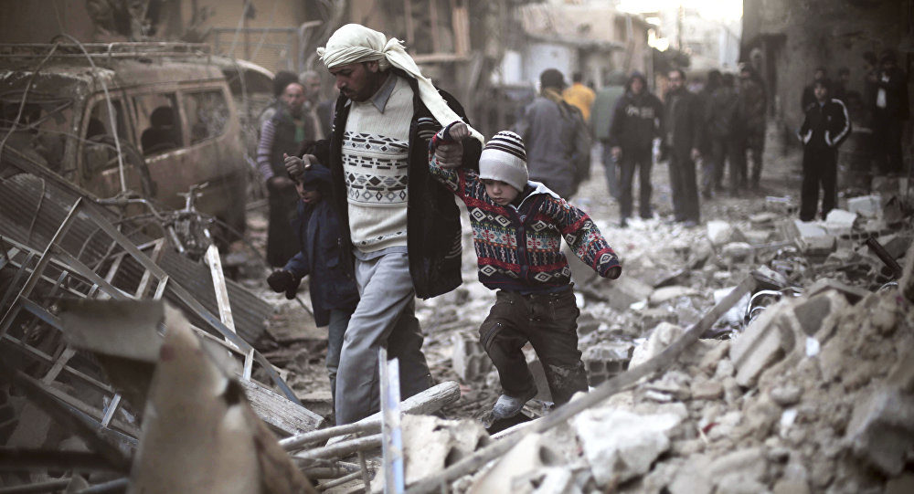 Click to enlarge Man walks with a pair of children