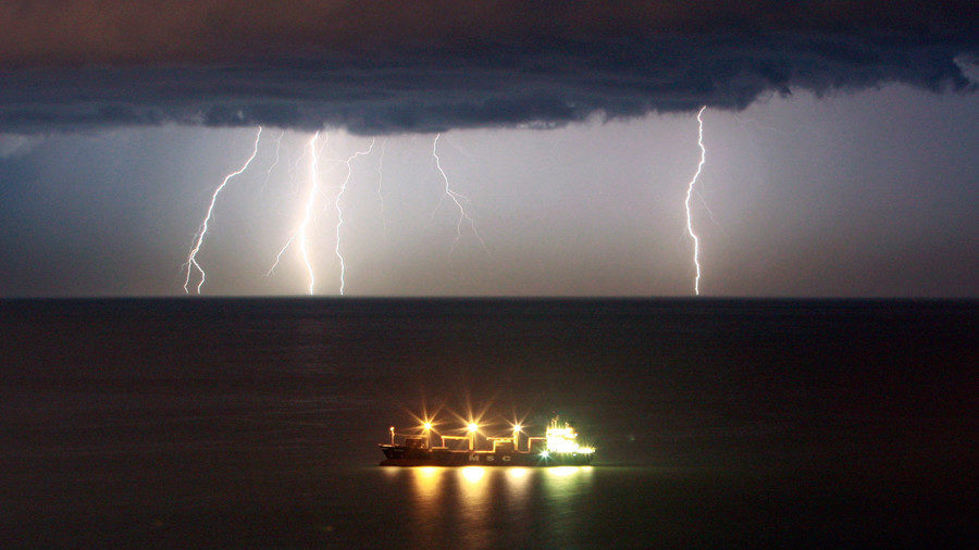 Lightning illuminates the sky offshore Beirut during a thunderstorm over Lebanon
