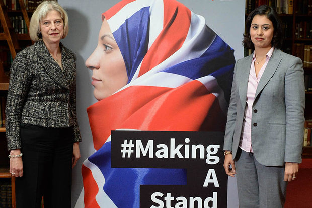 Theresa May (L), then the home secretary, appeared alongside Sara Khan at the 2014 launch of Making A Stand