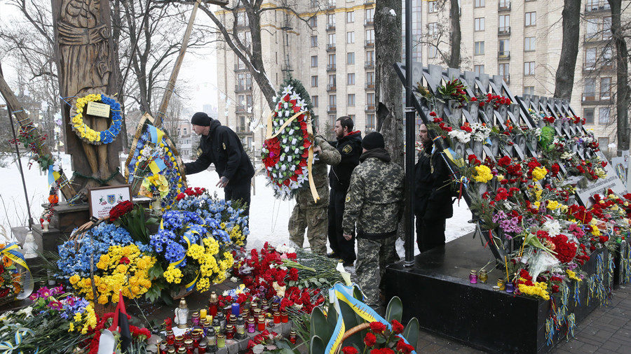 A commemoration ceremony at the monument to the so-called “Nebesna Sotnya” (Heavenly Hundred), Ukraine