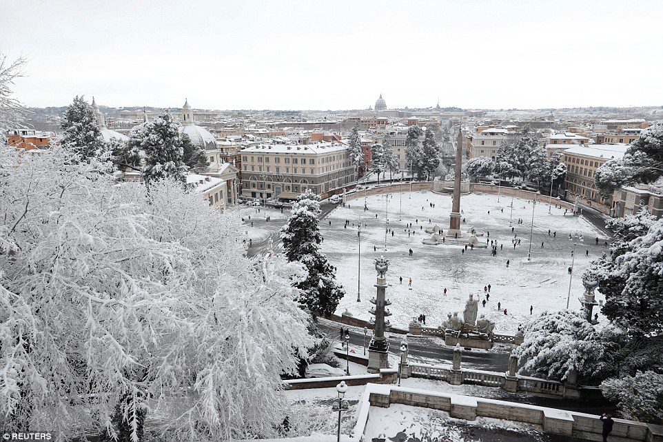 Piazza del Popolo (The People's Square) in Rome is seen covered in snow after much of Europe was hit by bitterly cold weather