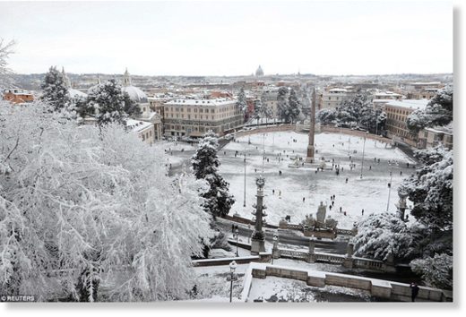 Piazza del Popolo (The People's Square) in Rome is seen covered in snow after much of Europe was hit by bitterly cold weather