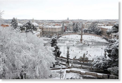 Click to enlarge Piazza del Popolo (The People's Square) in Rome is seen covered in snow after much of Europe was hit by bitterly cold weather