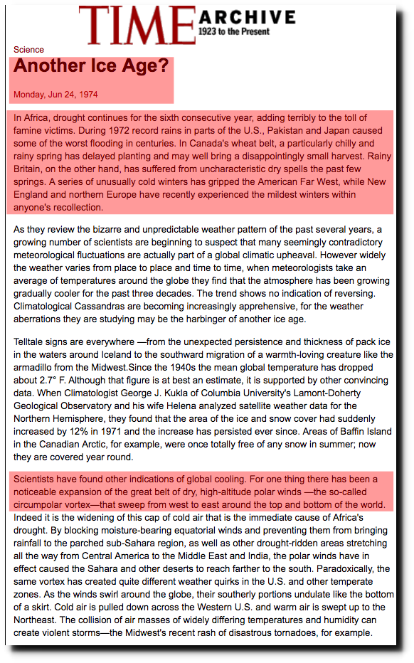 Click to enlarge TIME Magazine Archive Article - Another Ice Age? - Jun. 24, 1974
