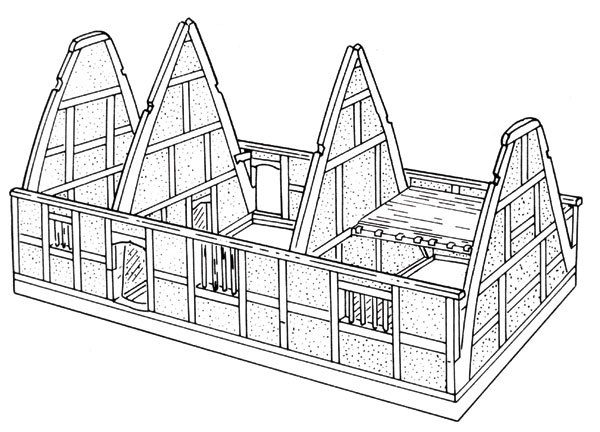 Click to enlarge A typical Midlands cruck house, showing pairs of cruck blades rising from the sill beam at ground level to the apex of the roof in one sweep. The centre bay is an open hall, with service bay to the left and a two-storeyed chamber bay to the right.