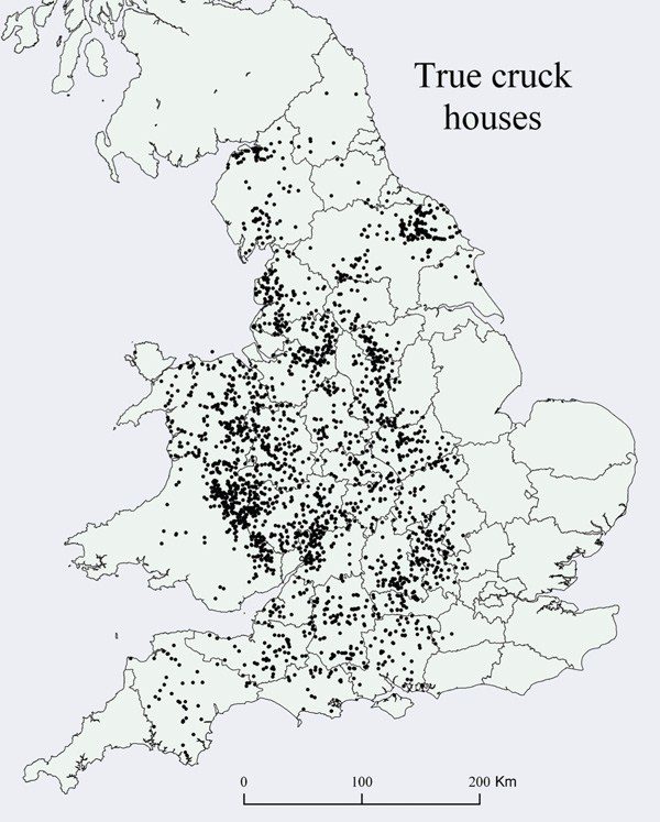 Click to enlarge This map shows the location of all 3,086 known examples of cruck-built houses in England and Wales, showing a marked westerly distribution, and an unexplained absence of such structures in many of the easternmost counties of England.