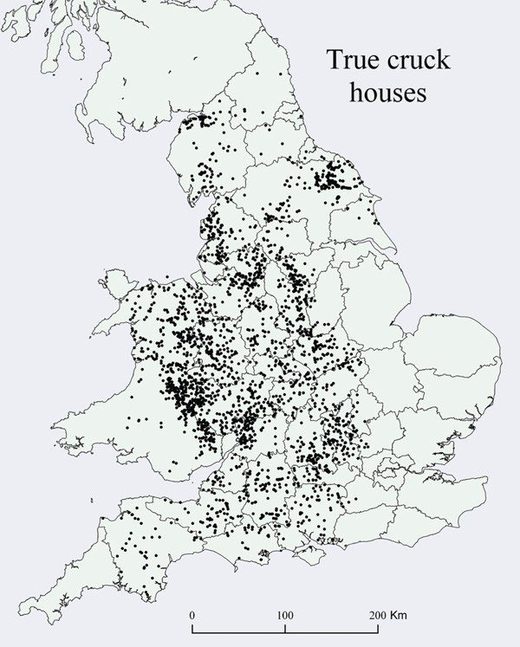 This map shows the location of all 3,086 known examples of cruck-built houses in England and Wales, showing a marked westerly distribution, and an unexplained absence of such structures in many of the easternmost counties of England.