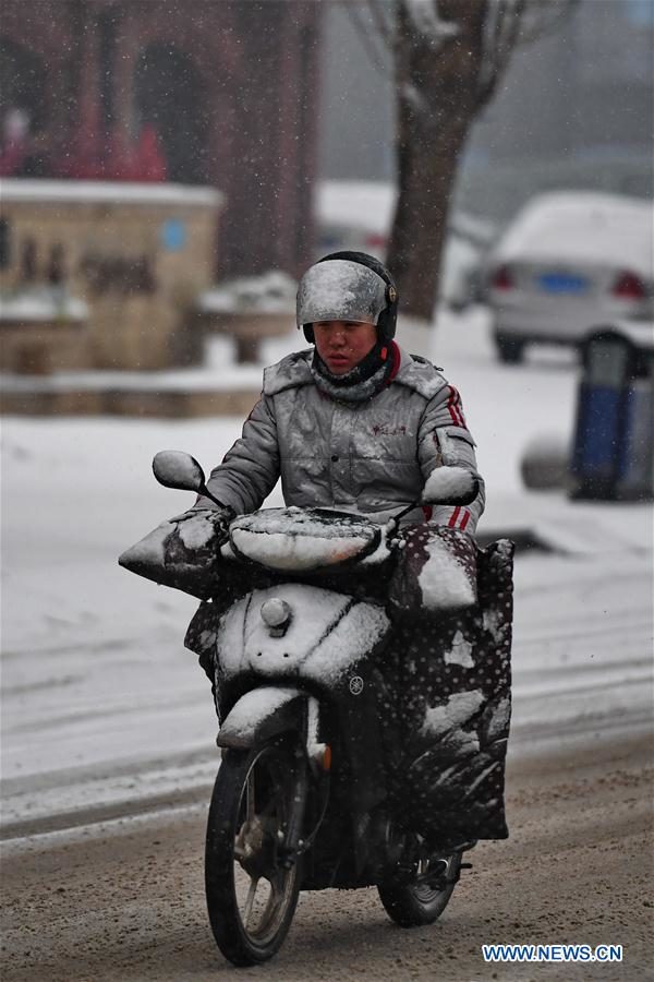 A cyclist rides against snow in Siping City of northeast China's Jilin Province, Feb. 28, 2018. China's national observatory issued a yellow alert for snowstorm for Wednesday and Thursday as heavy snow continued to hit northeastern China.