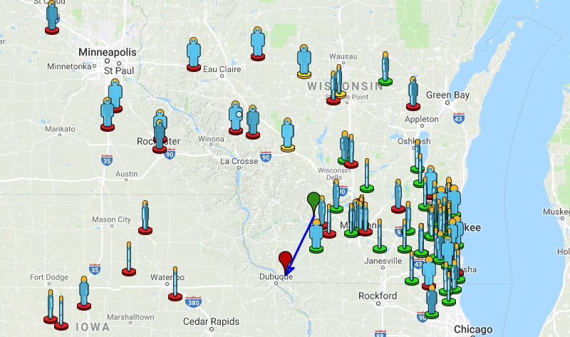 Location map of meteor fireball over Wisconsin
