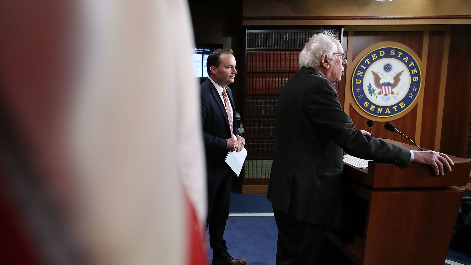 Click to enlarge Sens. Bernie Sanders and Mike Lee introducing their joint resolution.