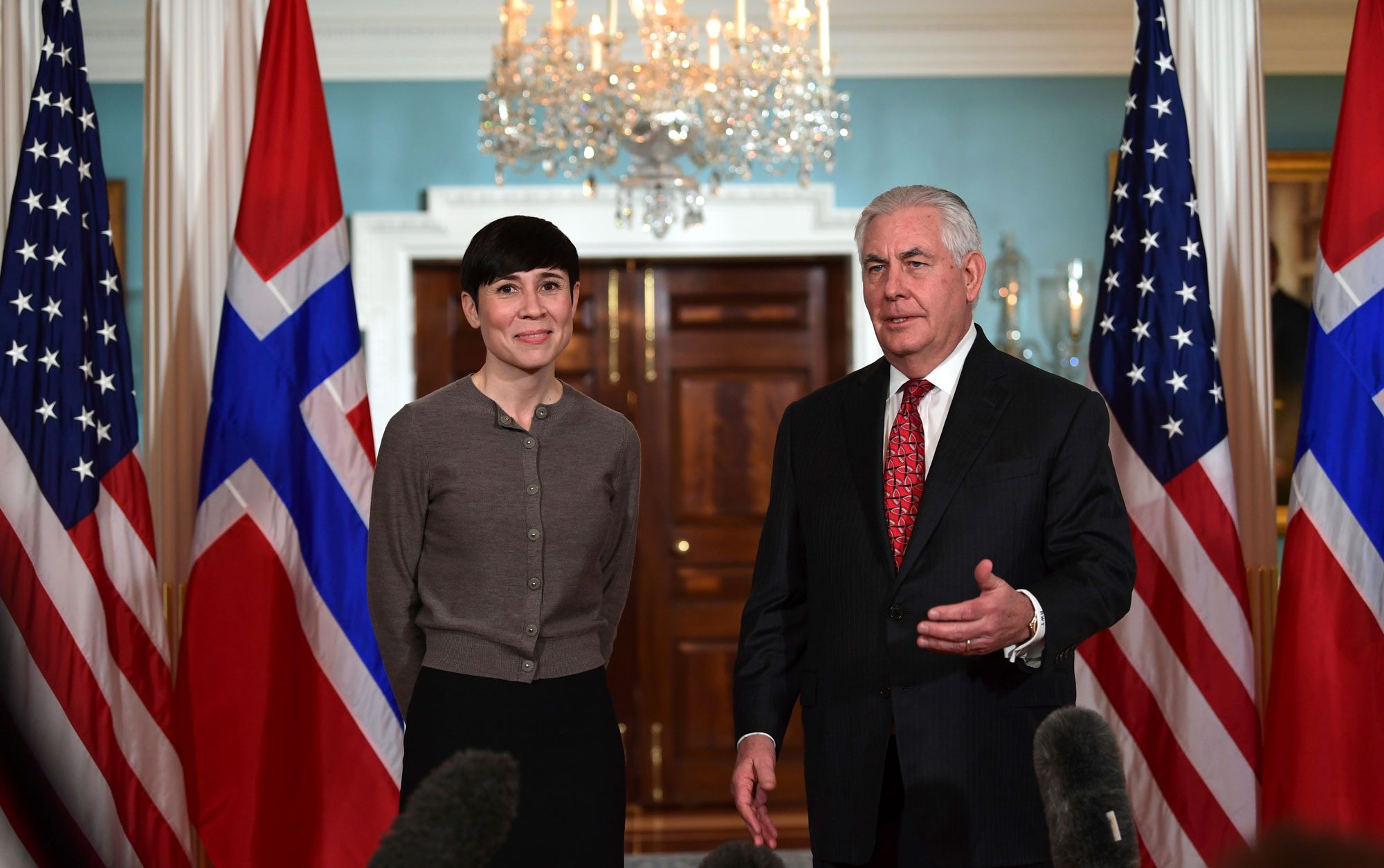 U.S. Secretary of State Rex Tillerson, right, talks as he stands with Norwegian Foreign Minister Ine Marie Eriksen Soreide, left, at the State Department in Washington, Thursday, Jan. 11, 2018.