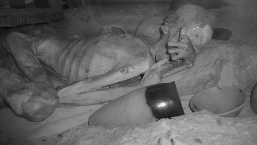 This infrared image shows the male mummy known as Gebelein Man. On his arm, you can see his tattoos.