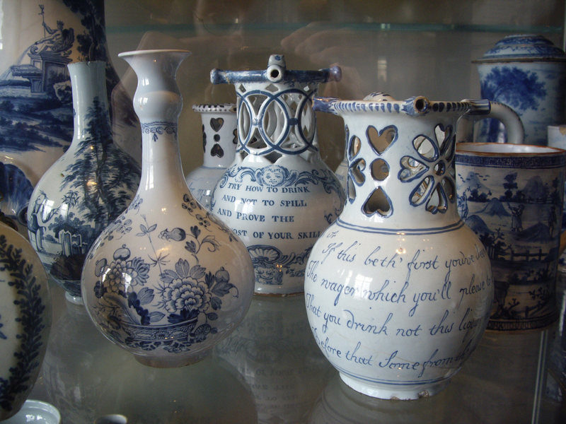 Puzzle jugs on display at the Victoria and Albert Museum in London.