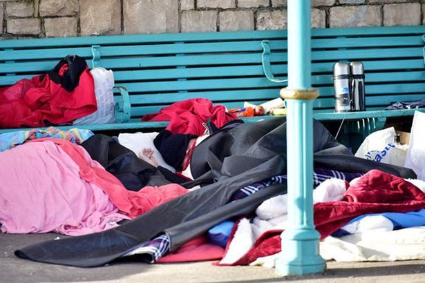 A general view of some sheltered benches on the sea front in Weston-super-Mare that have been occupied by homeless people, due to the lack of services and shelters for the homeless in the area