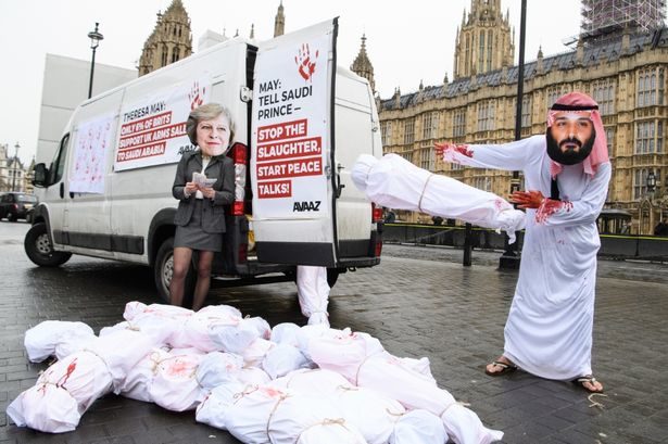 Click to enlarge Protest group Avaaz stages a demonstration against the violence in Yemen today