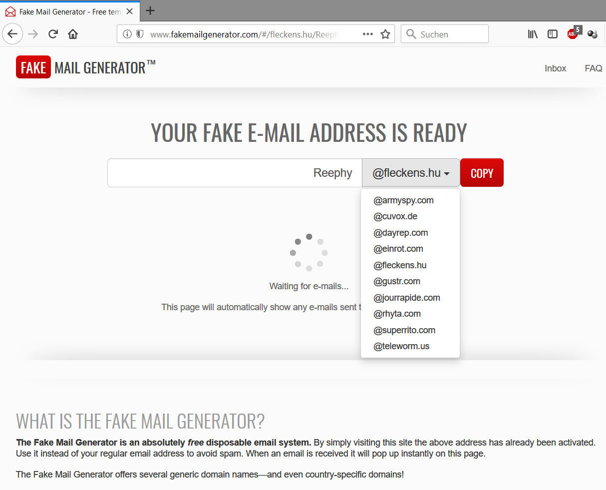 Click to enlarge fake mail address generator home page