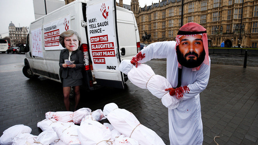 Click to enlarge Mohammad bin Salman Theresa May Avaaz protest