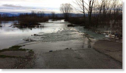 Flooded road in Shkodër County, Albania, March 2018.