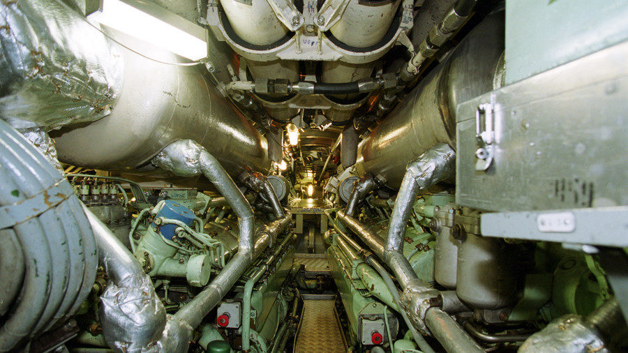 Click to enlarge A narrow corridor of a nuclear-powered submarine