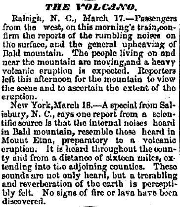 Bald mountain eruption Raleigh NC 1874