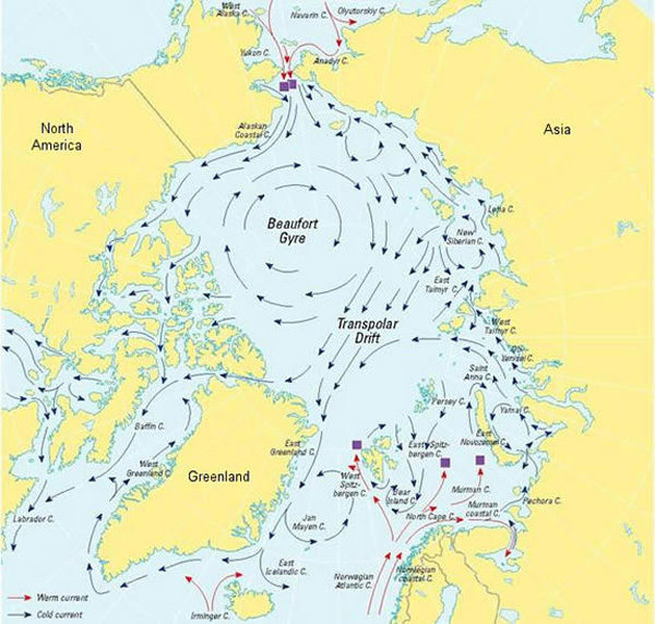 The Beaufort Gyre is a wind-driven circulation system that traps and pushes freshwater and ice around the Arctic Ocean