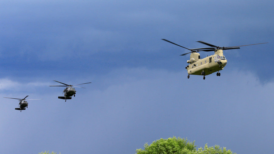 US Chinook and Black Hawk helicopters