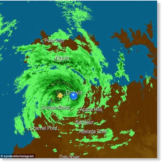 The eye of Tropical Cyclone Marcus has passed over Darwin and is heading towards the Kimberly region