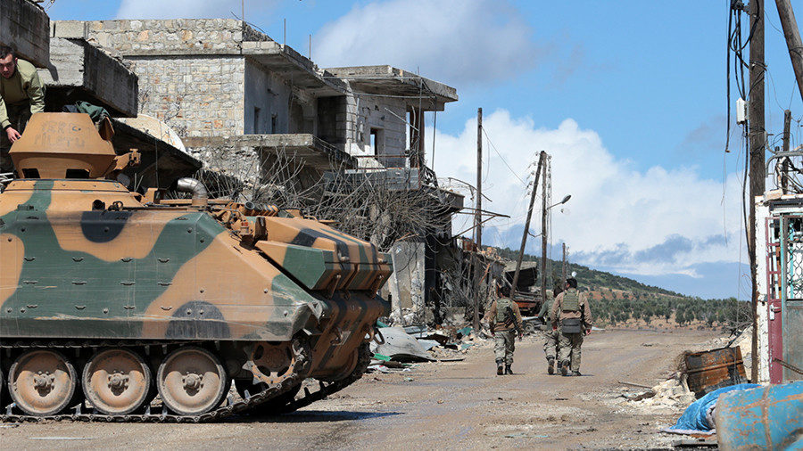 A Turkish armored vehicle deployed near central Afrin, Syria. March 16, 2018