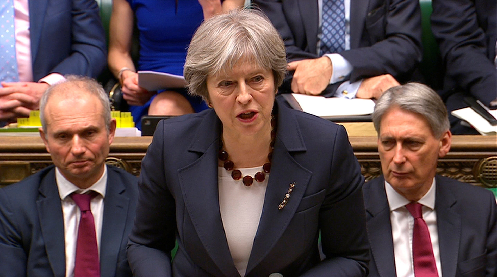  REUTERS/ Parliament TVBritain's Prime Minister Theresa May addresses the House of Commons on her government's reaction to the poisoning of former Russian intelligence officer Sergei Skripal and his daughter Yulia in Salisbury, in London, March 14, 2018