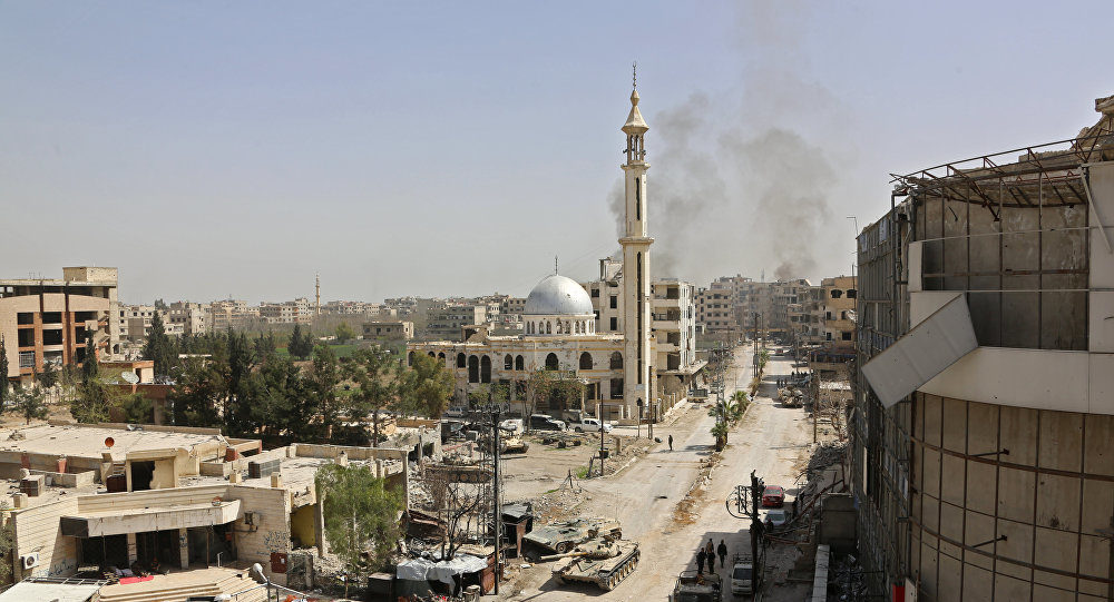 Click to enlarge Syrian pro government forces enter the main square of Kfar Batna, Southeastern Ghouta