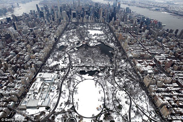 Click to enlarge Central Park lies under a blanket of snow in New York City on March 8 during the second Nor'easter in a week