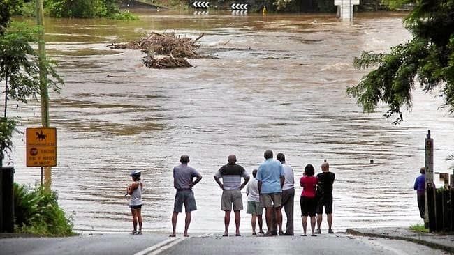 Flooding of the Bellinger River, at Bellingen Bridge.