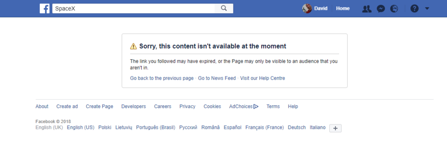 spacex facebook page deleted