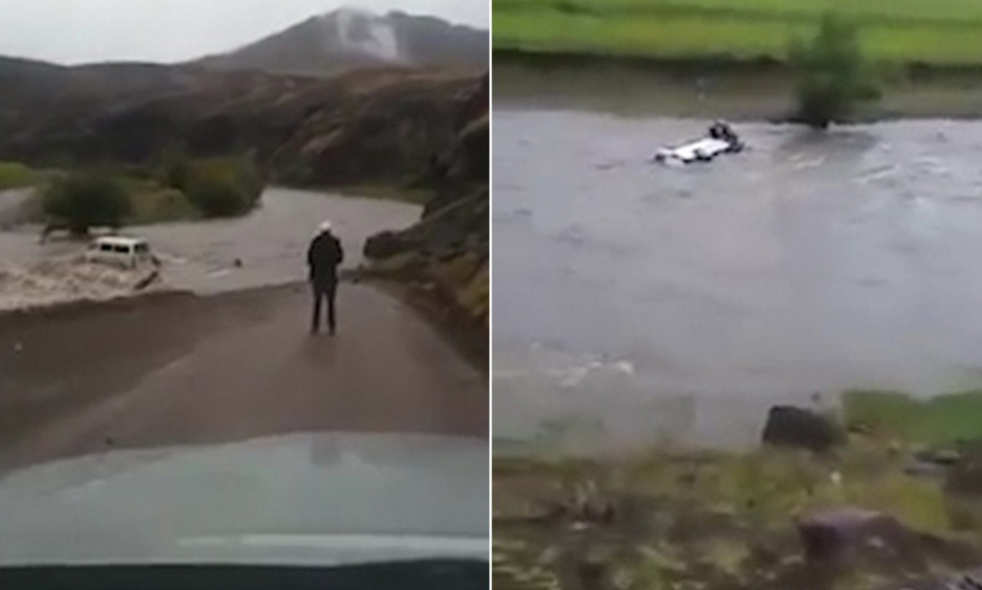A taxi carrying 15 people in Lesotho attempted to cross a flooded bridge in heavy rain (left) before being swept away (right), killing eight people