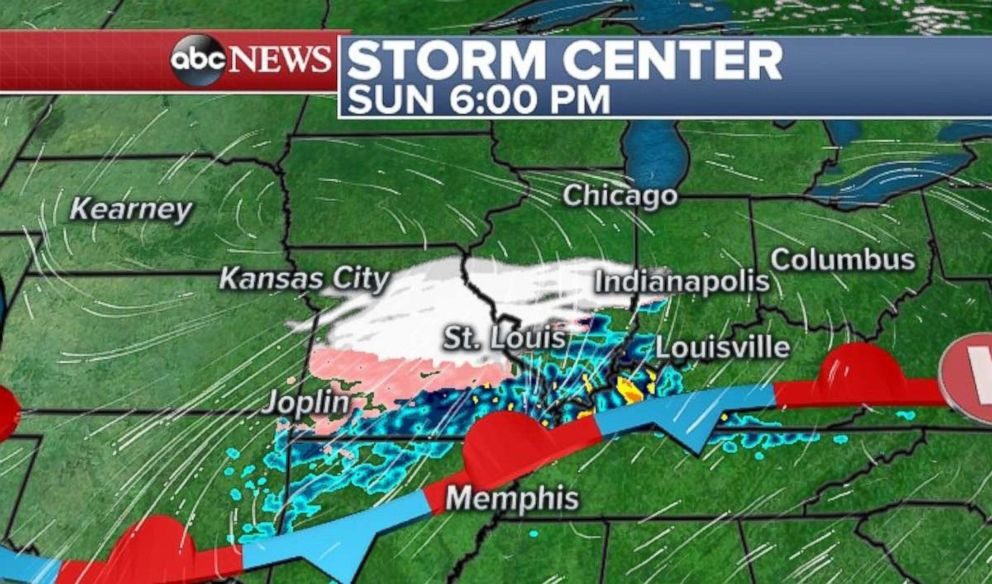 A storm is developing in the central Plains Sunday and rapidly moving off to the east.