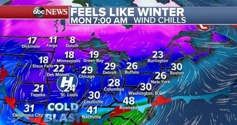 Click to enlarge Cold weather will move into the Midwest and Northeast following the storm.