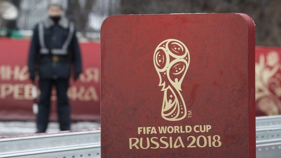 A sign with the logo of the 2018 FIFA World Cup Russia is on display near the Kremlin before the events, dedicated to the upcoming World Cup Final Draw, in central Moscow