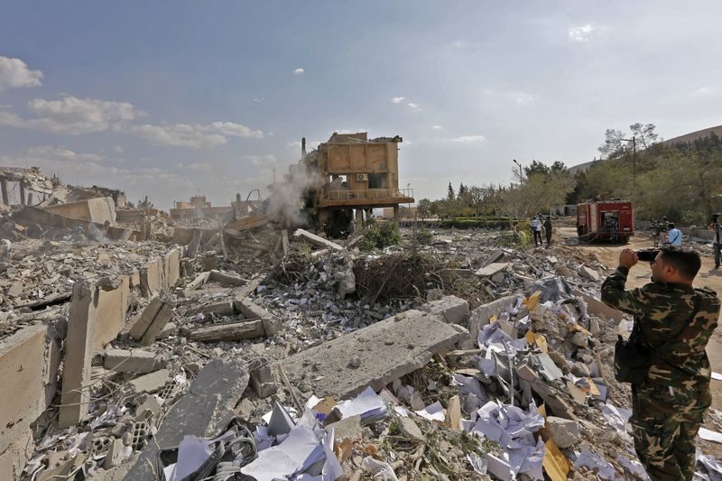 Wreckage at the Scientific Studies and Research Centre (SSRC) compound near Damascus on April 14.