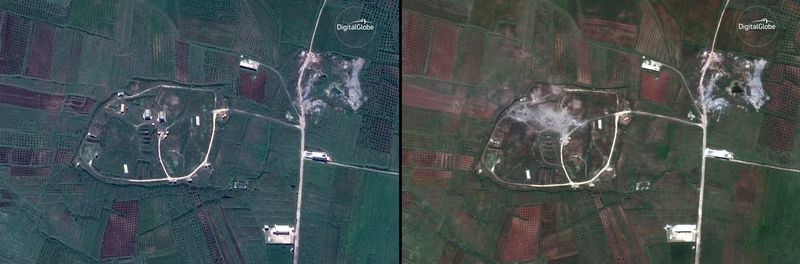 Chemical weapons storage complex at Hims-Shinshar before the strike on April 13, left, and following the strike.