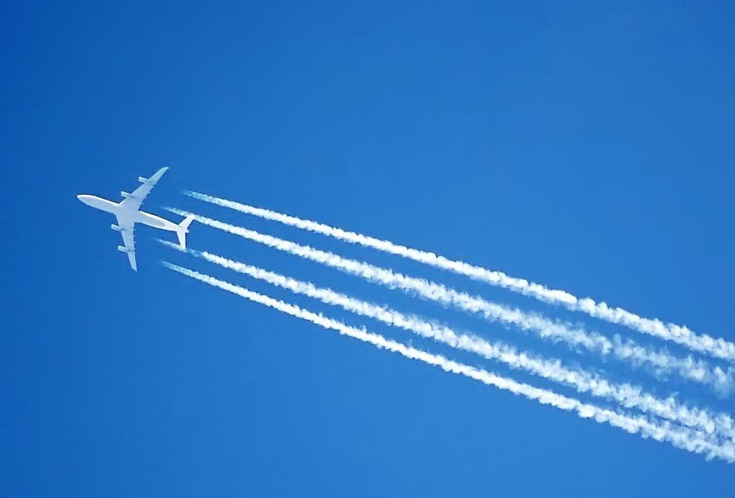 Click to enlarge CC0The contrails of an Airbus A340 jet, over London, England