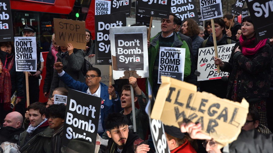 April 13, 2018 - London, England, United Kingdom - A protest takes place outside the gates of Downing Street, against the British government.