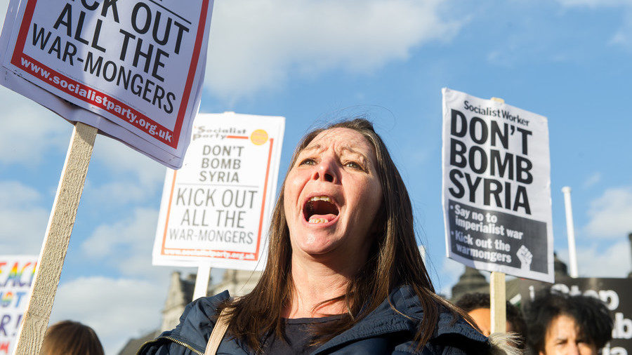 Click to enlarge protest outside Downing Street over British attack on Syria