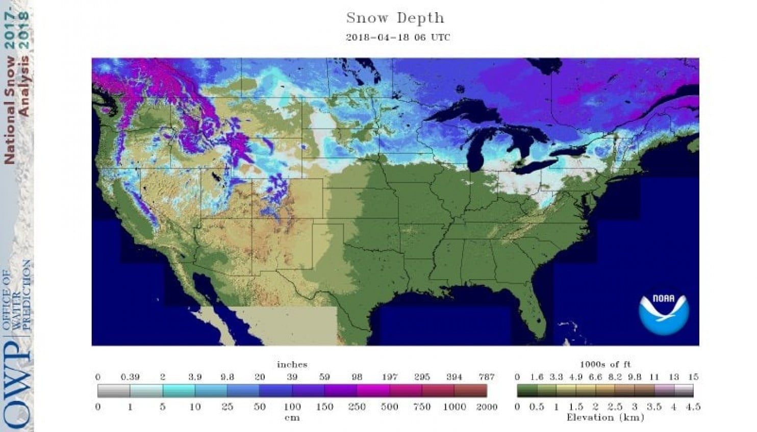 Snow cover as of April 18 over the Lower 48.