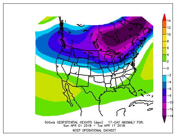 Click to enlarge The map shows a deep pool of cold air over northeast North America (signified by much lower than normal pressures at high altitudes) during April