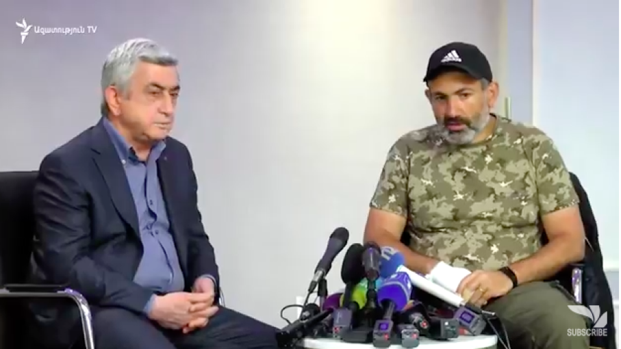 Click to enlarge Prime Minister Serzh Sargsyan with Armenian protest leader Nikol Pashinian