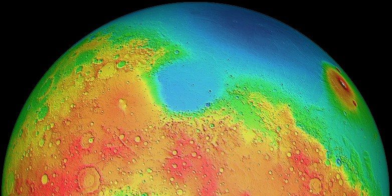 Click to enlarge Mars has two differently shaped hemispheres: the lowlands of the northern hemisphere and the volcanic highlands (yellow to red regions) of the southern hemisphere.