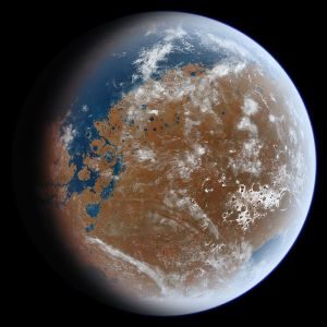 An artist's impression of ancient Mars and its oceans based on geological data.