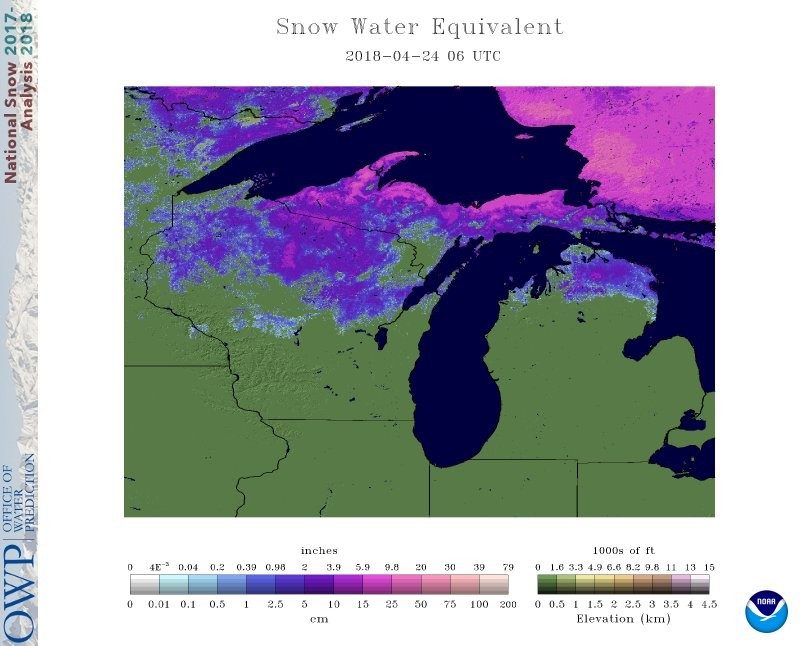 Amount of water in the snow on the ground, on April 24, 2018.