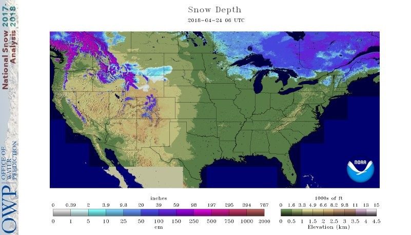 Snow cover across the U.S. on April 24, 2018.